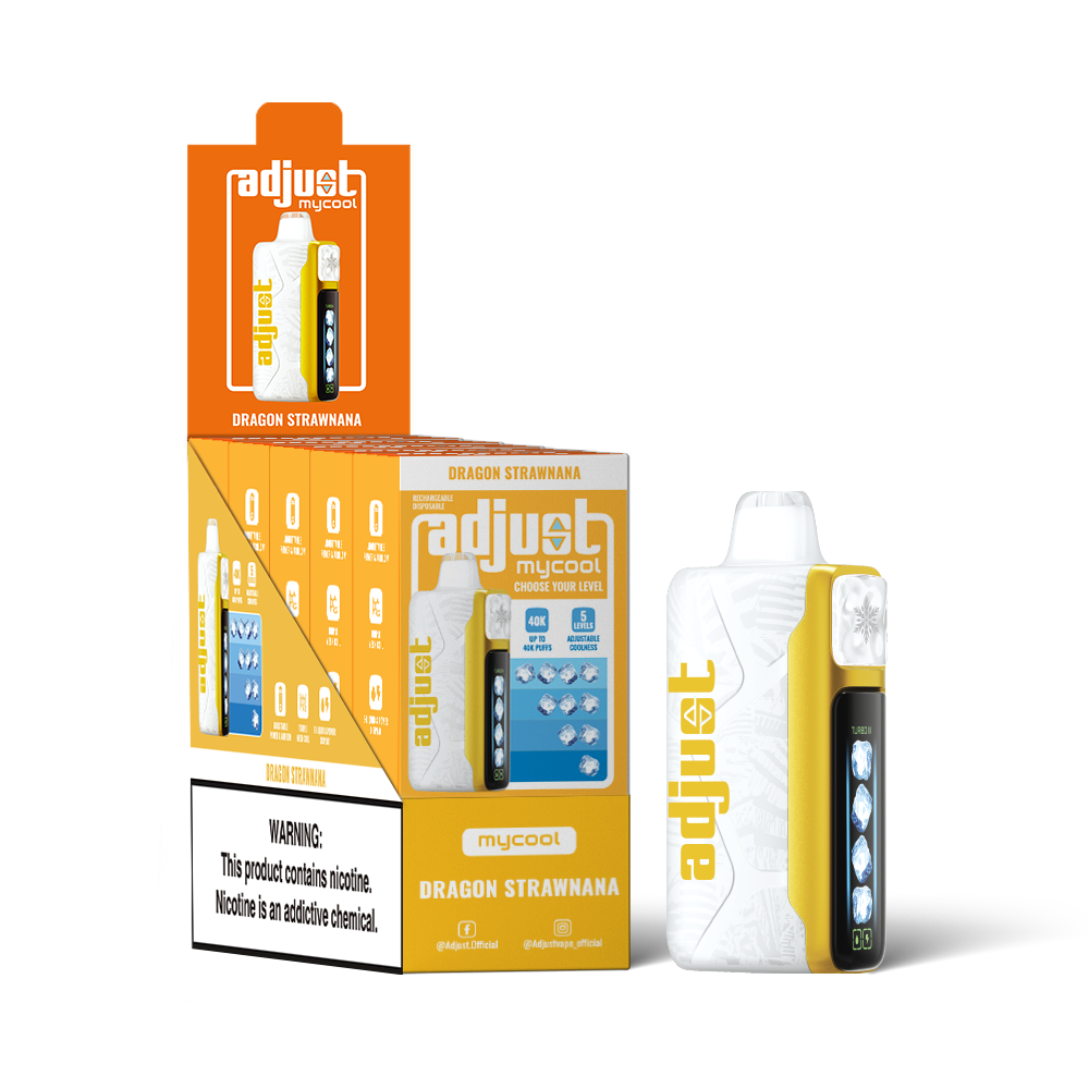 Adjust MyCool Dragon-strawnana 40K Puffs Disposable Vape Packaging - Retail display of 5 packs featuring a blend of dragonfruit, strawberry, and banana with adjustable ice cooling feature, 5% nicotine strength, vibrant pink and white design, and a prominently displayed nicotine warning label.