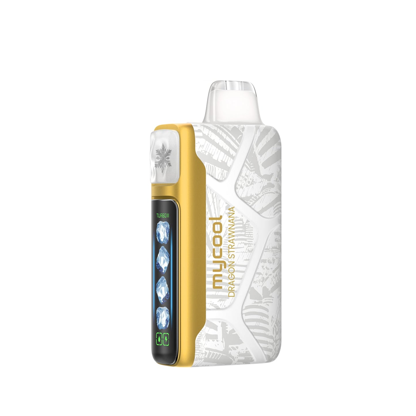 Adjust MyCool Dragon-Strawnana 40K Puffs Disposable Vape- White and yellow- colored device featuring a blend of dragonfruit, strawberry, and banana with adjustable cooling levels, 5% nicotine strength, and a vibrant design, with a clear display of customizable options.