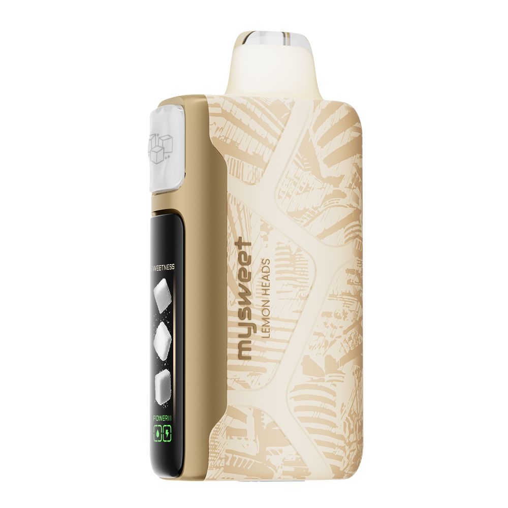 Adjust MySweet Lemon Heads Vape Device - Compact yellow design with adjustable sweetness levels, interactive screen display, and rechargeable functionality for up to 40K puffs.