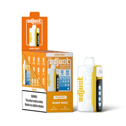 Adjust MyCool Mango Magic 40K Puffs Disposable Vape Packaging - Retail display of 10 packs featuring tropical mango flavor with adjustable ice cooling feature, 5% nicotine strength, vibrant orange and white design, and a prominently displayed nicotine warning label.