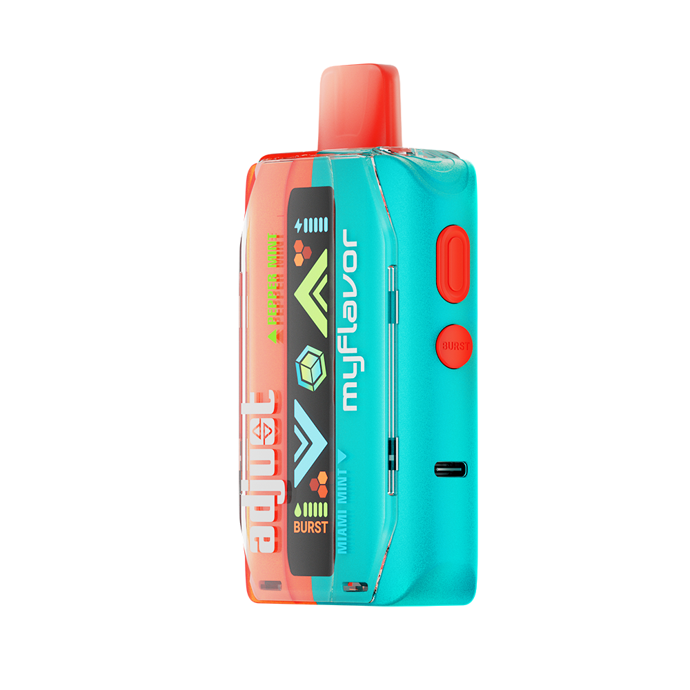 Adjust MyFlavor Mixed Mint vape device with a vibrant turquoise and orange design. Features an interactive screen for 6 adjustable mint flavors, Burst Mode (up to 20K puffs) and Normal Mode (up to 40K puffs), offering a customizable vaping experience.