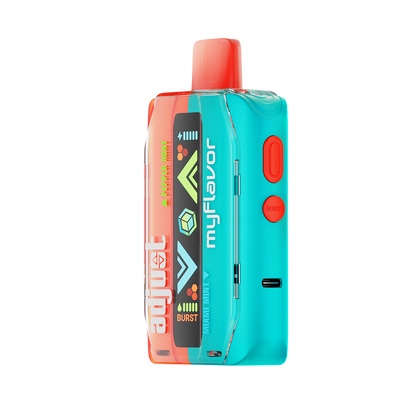 Adjust MyFlavor Mixed Mint vape device with a vibrant turquoise and orange design. Features an interactive screen for 6 adjustable mint flavors, Burst Mode (up to 20K puffs) and Normal Mode (up to 40K puffs), offering a customizable vaping experience.