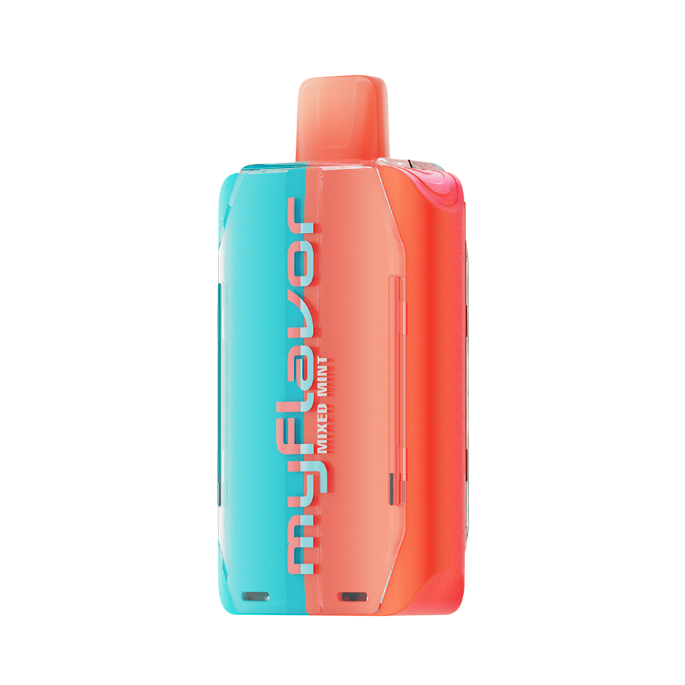 Adjust MyFlavor Mixed Mint vape device with a vibrant turquoise and orange design. Features an interactive screen for 6 adjustable mint flavors, Burst Mode (up to 20K puffs) and Normal Mode (up to 40K puffs), offering a customizable vaping experience.