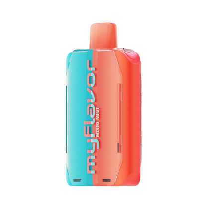 Adjust MyFlavor Mixed Mint vape device with a vibrant turquoise and orange design. Features an interactive screen for 6 adjustable mint flavors, Burst Mode (up to 20K puffs) and Normal Mode (up to 40K puffs), offering a customizable vaping experience.