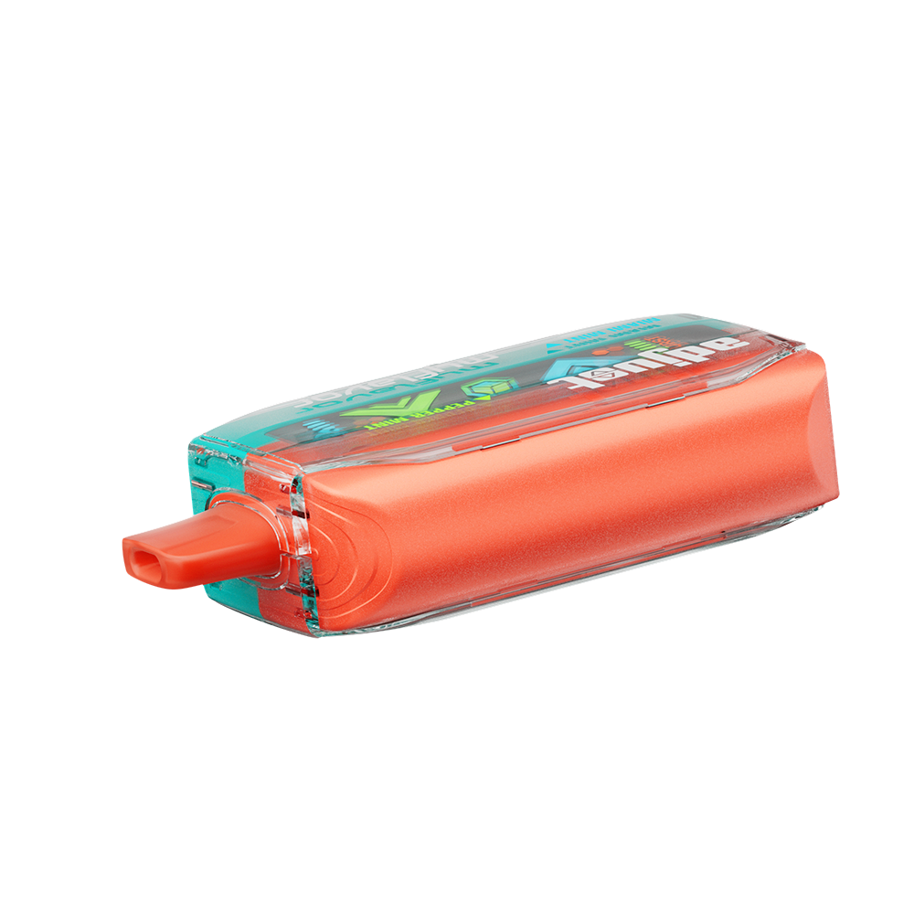Adjust MyFlavor Mixed Mint vape device with a vibrant turquoise and orange design. Features an interactive screen for 6 adjustable mint flavors, Burst Mode (up to 20K puffs) and Normal Mode (up to 40K puffs), offering a customizable vaping experience.