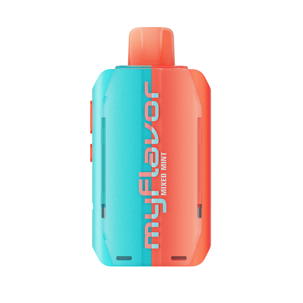Adjust MyFlavor Mixed Mint vape device with a vibrant turquoise and orange design. Features an interactive screen for 6 adjustable mint flavors, Burst Mode (up to 20K puffs) and Normal Mode (up to 40K puffs), offering a customizable vaping experience.