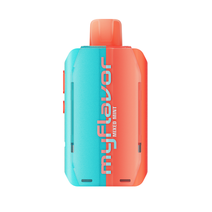 Adjust MyFlavor Mixed Mint vape device with a vibrant turquoise and orange design. Features an interactive screen for 6 adjustable mint flavors, Burst Mode (up to 20K puffs) and Normal Mode (up to 40K puffs), offering a customizable vaping experience.