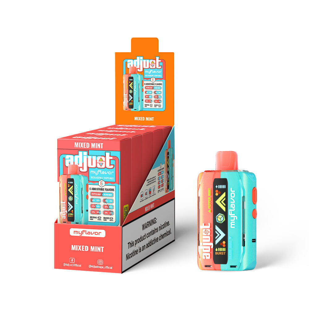 Adjust MyFlavor Mixed Mint vape 5-pack, featuring a vibrant turquoise and orange device design. Offers 6 adjustable mint flavors, burst and normal puff modes, and an interactive screen. Display box includes detailed flavor options and product features.