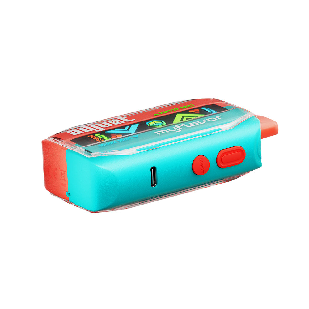 Adjust MyFlavor Mixed Mint vape device with a vibrant turquoise and orange design. Features an interactive screen for 6 adjustable mint flavors, Burst Mode (up to 20K puffs) and Normal Mode (up to 40K puffs), offering a customizable vaping experience.