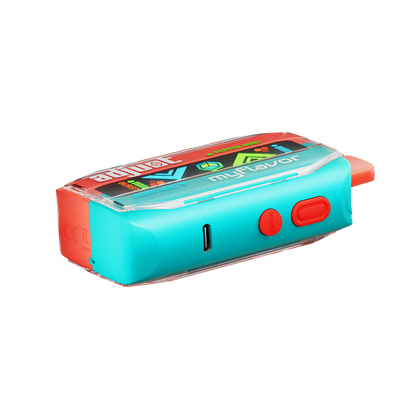 Adjust MyFlavor Mixed Mint vape device with a vibrant turquoise and orange design. Features an interactive screen for 6 adjustable mint flavors, Burst Mode (up to 20K puffs) and Normal Mode (up to 40K puffs), offering a customizable vaping experience.