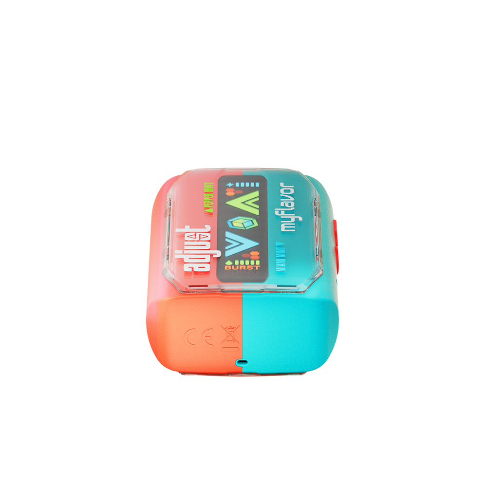 Adjust MyFlavor Mixed Mint vape device with a vibrant turquoise and orange design. Features an interactive screen for 6 adjustable mint flavors, Burst Mode (up to 20K puffs) and Normal Mode (up to 40K puffs), offering a customizable vaping experience.