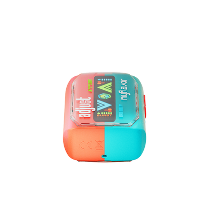 Adjust MyFlavor Mixed Mint vape device with a vibrant turquoise and orange design. Features an interactive screen for 6 adjustable mint flavors, Burst Mode (up to 20K puffs) and Normal Mode (up to 40K puffs), offering a customizable vaping experience.