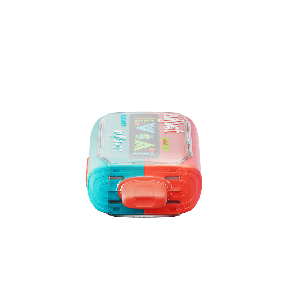 Adjust MyFlavor Mixed Mint vape device with a vibrant turquoise and orange design. Features an interactive screen for 6 adjustable mint flavors, Burst Mode (up to 20K puffs) and Normal Mode (up to 40K puffs), offering a customizable vaping experience.