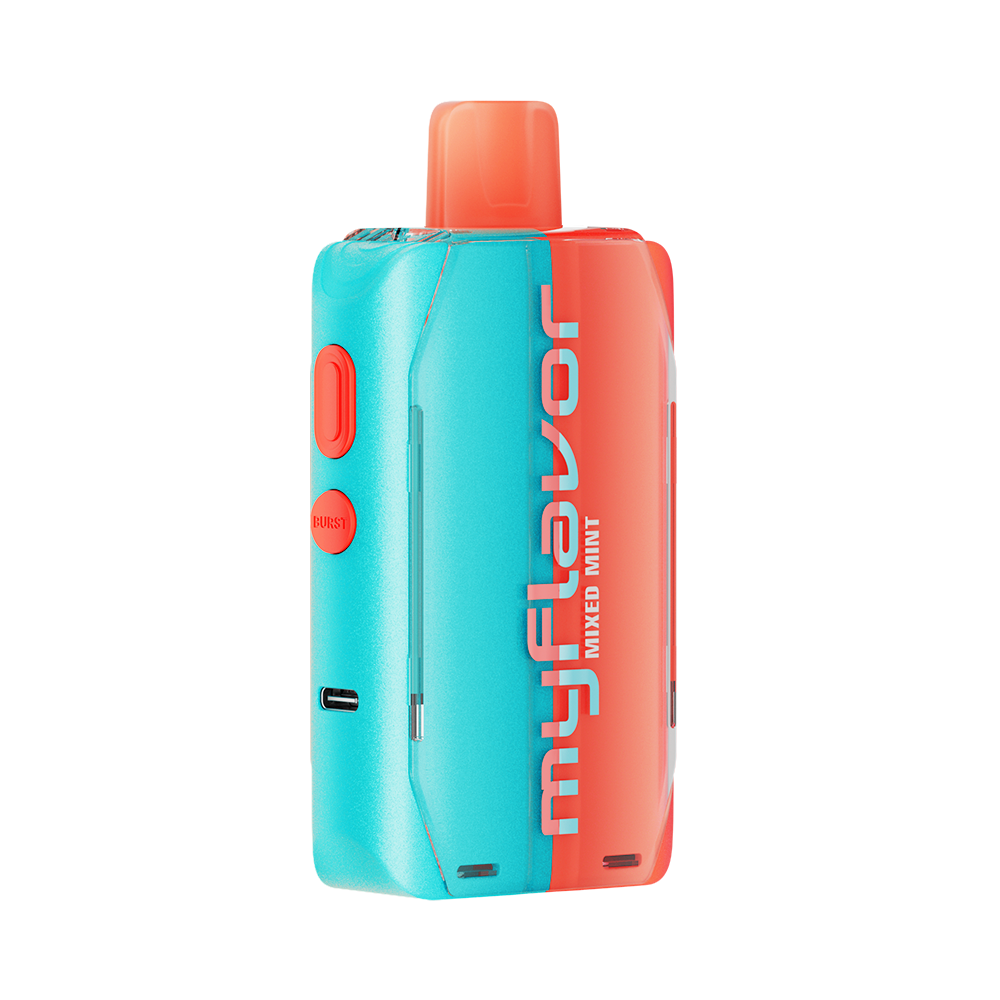 Adjust MyFlavor Mixed Mint vape device with a vibrant turquoise and orange design. Features an interactive screen for 6 adjustable mint flavors, Burst Mode (up to 20K puffs) and Normal Mode (up to 40K puffs), offering a customizable vaping experience.