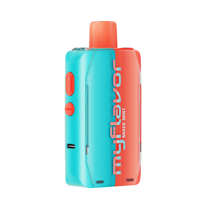 Adjust MyFlavor Mixed Mint vape device with a vibrant turquoise and orange design. Features an interactive screen for 6 adjustable mint flavors, Burst Mode (up to 20K puffs) and Normal Mode (up to 40K puffs), offering a customizable vaping experience.