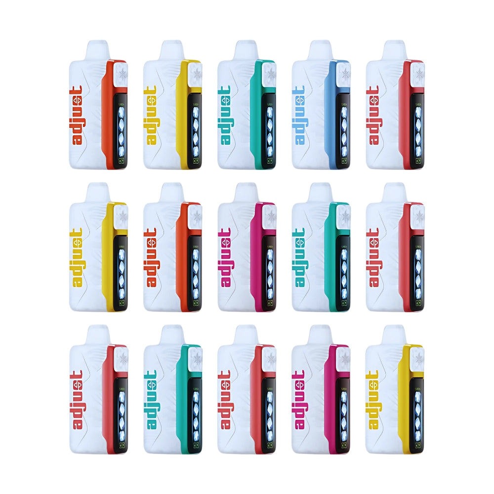 Complete line of Adjust MyCool vape products with a variety of device designs and colors, highlighting adjustable coolness features and advanced technology.