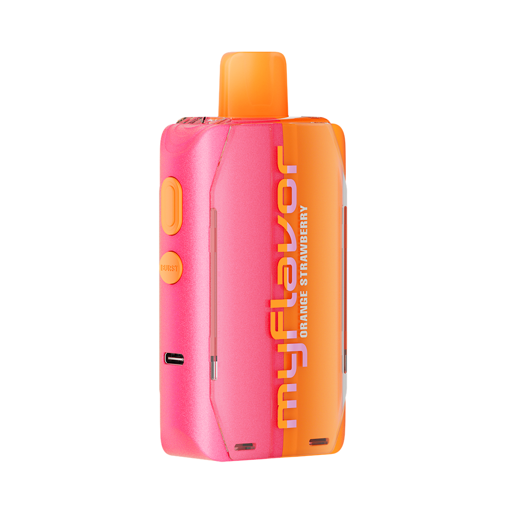 Adjust MyFlavor Orange Strawberry 40K Puffs Disposable Vape Packaging- Orange Strawberry-flavored vape with 6 adjustable flavor intensity settings, rechargeable design, 5% nicotine strength, vibrant orange and pink packaging.