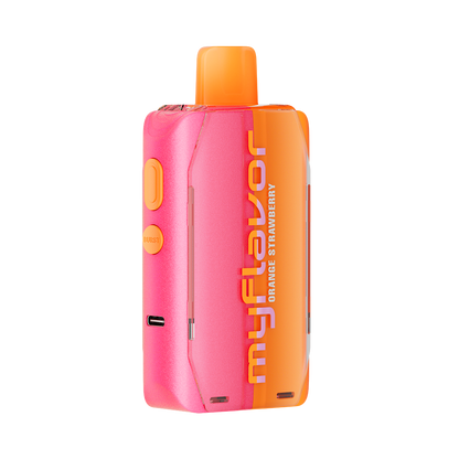 Adjust MyFlavor Orange Strawberry 40K Puffs Disposable Vape Packaging- Orange Strawberry-flavored vape with 6 adjustable flavor intensity settings, rechargeable design, 5% nicotine strength, vibrant orange and pink packaging.