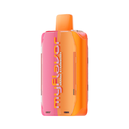 Adjust MyFlavor Orange Strawberry 40K Puffs Disposable Vape Packaging- Orange Strawberry-flavored vape with 6 adjustable flavor intensity settings, rechargeable design, 5% nicotine strength, vibrant orange and pink packaging.