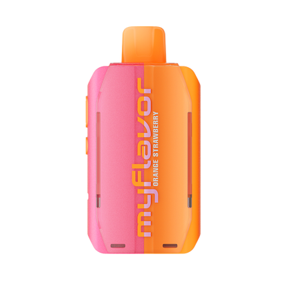 Adjust MyFlavor Orange Strawberry 40K Puffs Disposable Vape Packaging- Orange Strawberry-flavored vape with 6 adjustable flavor intensity settings, rechargeable design, 5% nicotine strength, vibrant orange and pink packaging.