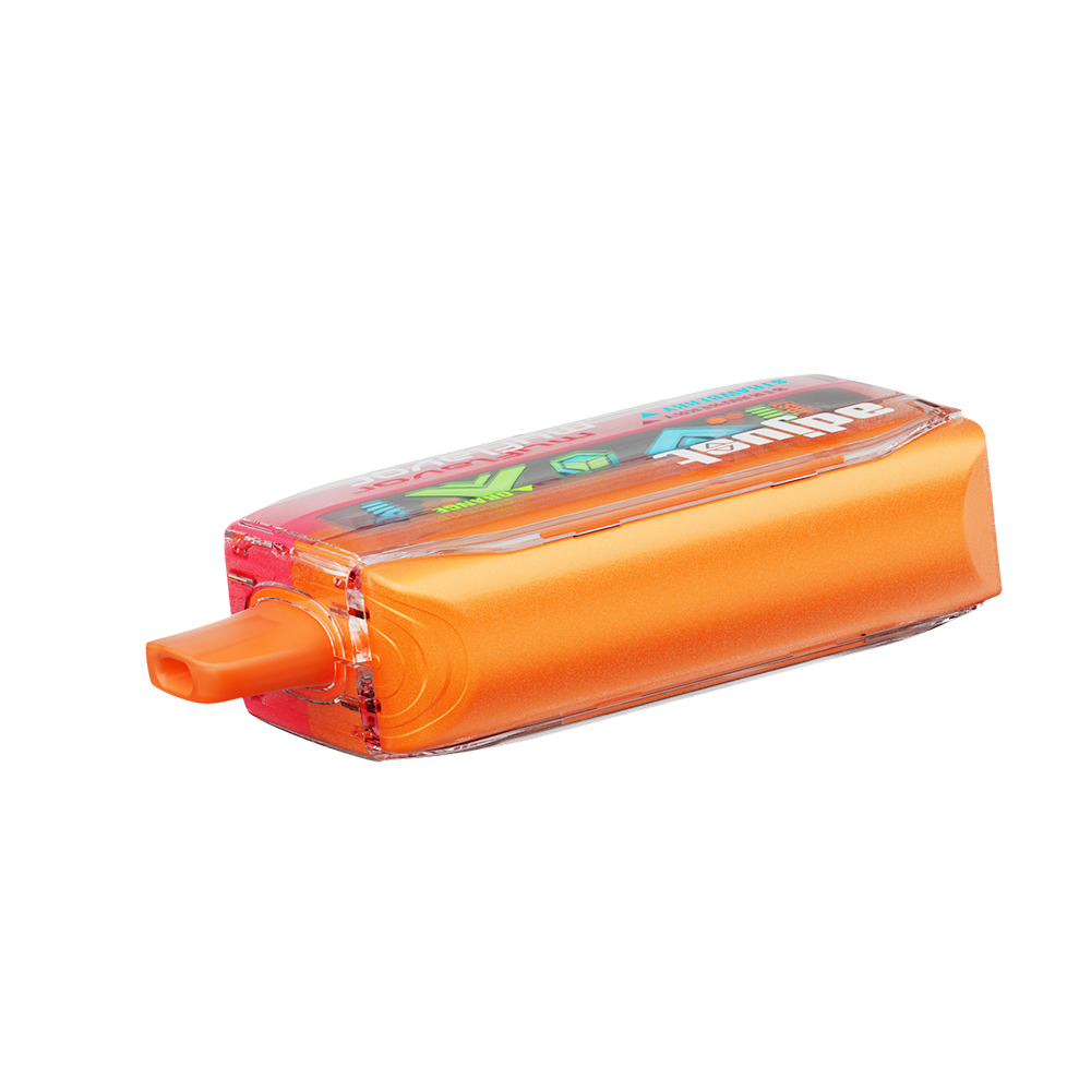 Adjust MyFlavor Orange Strawberry 40K Puffs Disposable Vape Packaging- Orange Strawberry-flavored vape with 6 adjustable flavor intensity settings, rechargeable design, 5% nicotine strength, vibrant orange and pink packaging.