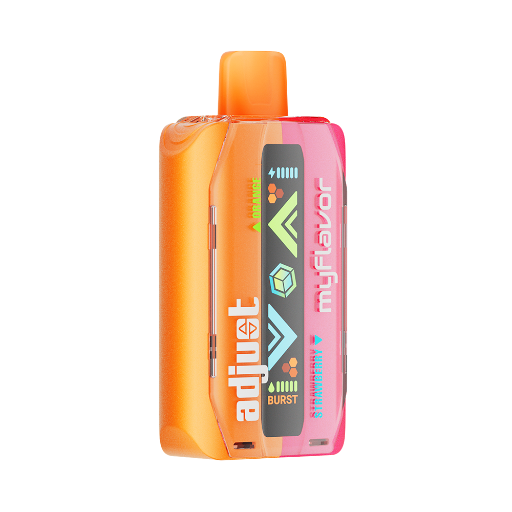Adjust MyFlavor Orange Strawberry 40K Puffs Disposable Vape Packaging- Orange Strawberry-flavored vape with 6 adjustable flavor intensity settings, rechargeable design, 5% nicotine strength, vibrant orange and pink packaging.
