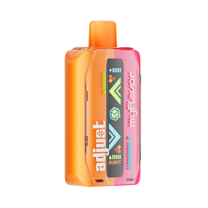 Adjust MyFlavor Orange Strawberry 40K Puffs Disposable Vape Packaging- Orange Strawberry-flavored vape with 6 adjustable flavor intensity settings, rechargeable design, 5% nicotine strength, vibrant orange and pink packaging.