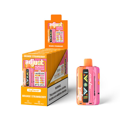 Adjust MyFlavor Orange Strawberry 40K Puffs Disposable Vape Packaging - Retail display of 5 packs featuring Orange Strawberry-flavored vape with 6 adjustable flavor intensity settings, rechargeable design, 5% nicotine strength, vibrant orange and pink packaging, and a prominently displayed nicotine warning label.