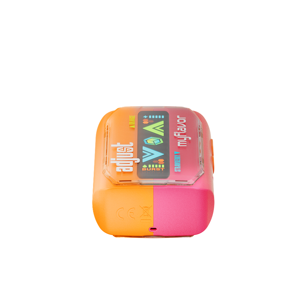 Adjust MyFlavor Orange Strawberry 40K Puffs Disposable Vape Packaging- Orange Strawberry-flavored vape with 6 adjustable flavor intensity settings, rechargeable design, 5% nicotine strength, vibrant orange and pink packaging.