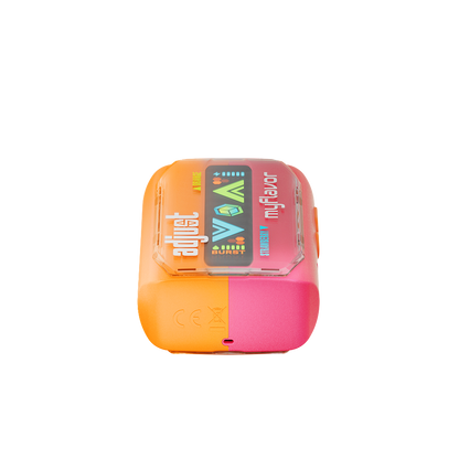 Adjust MyFlavor Orange Strawberry 40K Puffs Disposable Vape Packaging- Orange Strawberry-flavored vape with 6 adjustable flavor intensity settings, rechargeable design, 5% nicotine strength, vibrant orange and pink packaging.