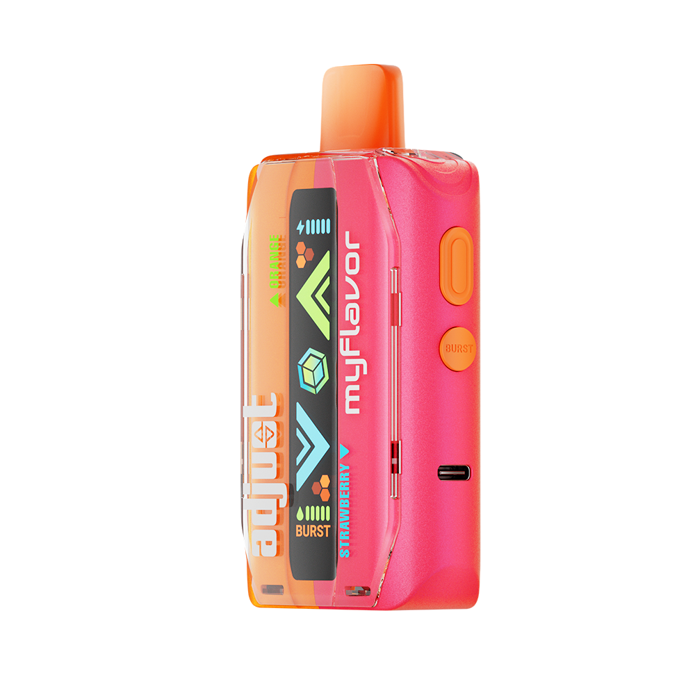 Adjust MyFlavor Orange Strawberry 40K Puffs Disposable Vape Packaging- Orange Strawberry-flavored vape with 6 adjustable flavor intensity settings, rechargeable design, 5% nicotine strength, vibrant orange and pink packaging.