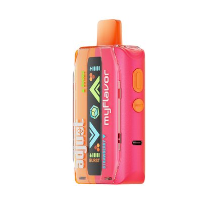 Adjust MyFlavor Orange Strawberry 40K Puffs Disposable Vape Packaging- Orange Strawberry-flavored vape with 6 adjustable flavor intensity settings, rechargeable design, 5% nicotine strength, vibrant orange and pink packaging.