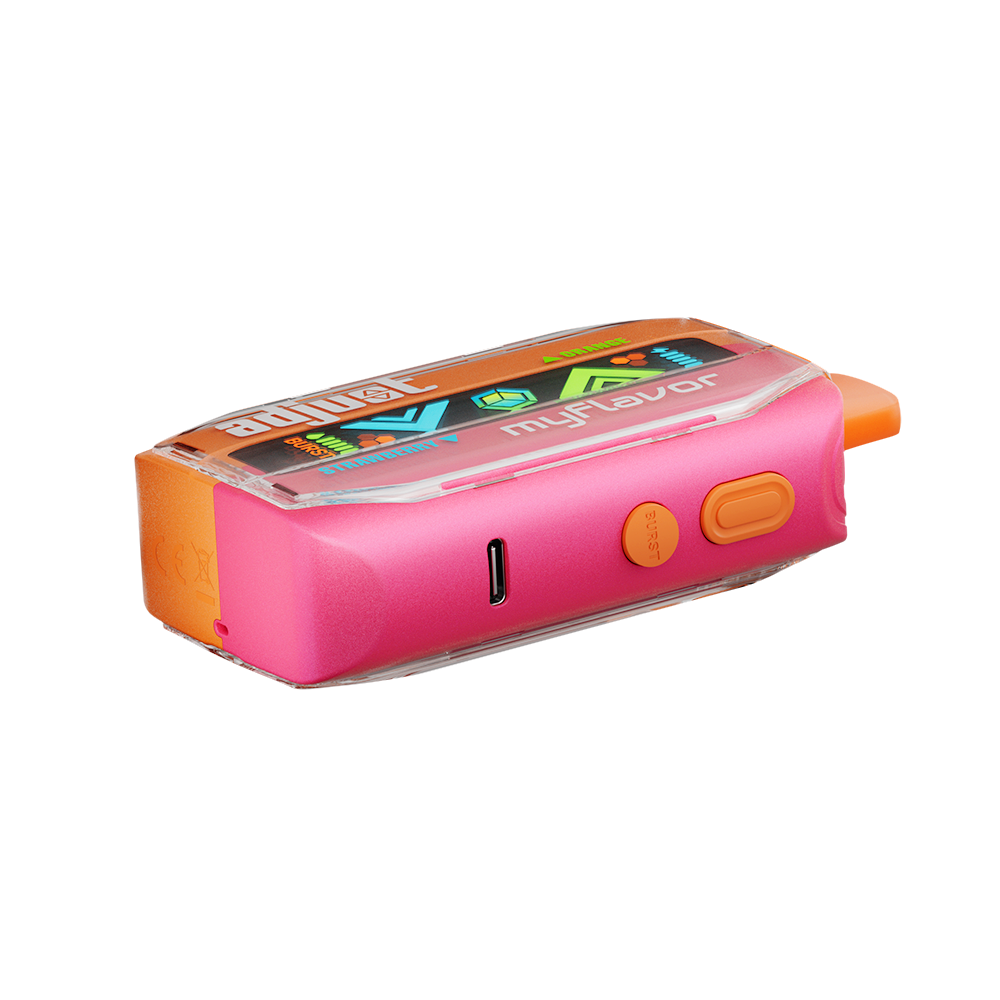 Adjust MyFlavor Orange Strawberry 40K Puffs Disposable Vape Packaging- Orange Strawberry-flavored vape with 6 adjustable flavor intensity settings, rechargeable design, 5% nicotine strength, vibrant orange and pink packaging.