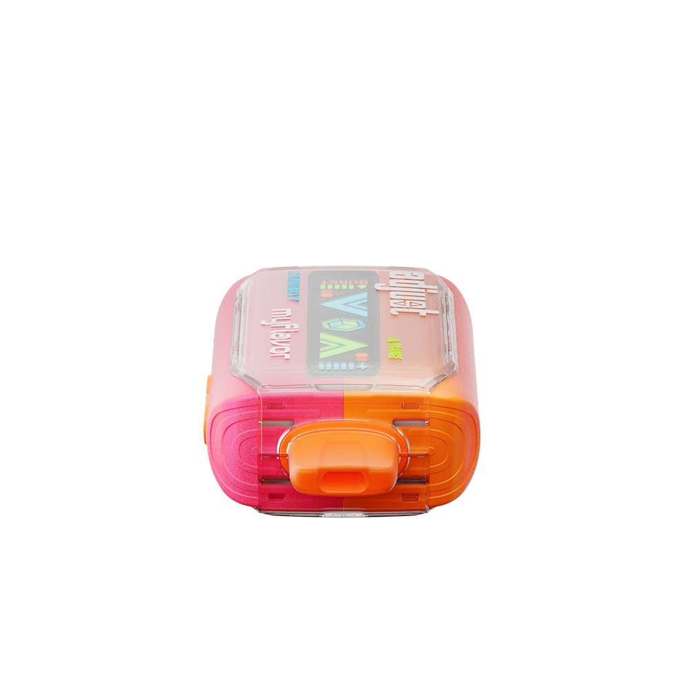 Adjust MyFlavor Orange Strawberry 40K Puffs Disposable Vape Packaging- Orange Strawberry-flavored vape with 6 adjustable flavor intensity settings, rechargeable design, 5% nicotine strength, vibrant orange and pink packaging.