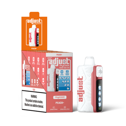Adjust MyCool Peach+ 40K Puffs Disposable Vape Packaging - Retail display of 5 packs featuring a peach flavor with adjustable ice cooling feature, 5% nicotine strength, vibrant white and peach design with soft pink accents, and a prominently displayed nicotine warning label.