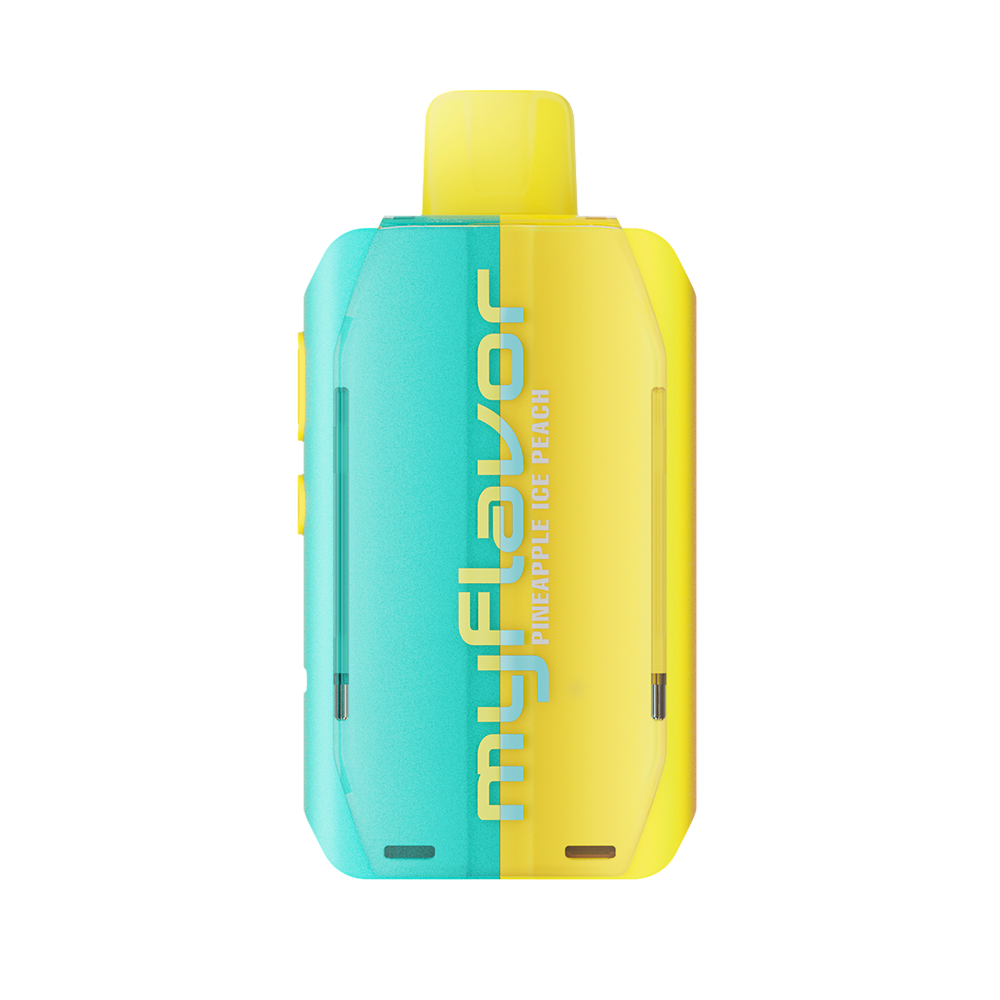 Adjust MyFlavor Pineapple Peach Ice vape device featuring a vibrant yellow and teal design. Enjoy 6 adjustable mint flavors with Burst Mode (up to 20K puffs) and Normal Mode (up to 40K puffs), offering a customizable vaping experience with an interactive screen.