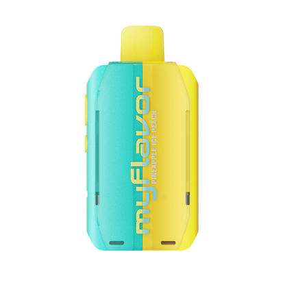 Adjust MyFlavor Pineapple Peach Ice vape device featuring a vibrant yellow and teal design. Enjoy 6 adjustable mint flavors with Burst Mode (up to 20K puffs) and Normal Mode (up to 40K puffs), offering a customizable vaping experience with an interactive screen.