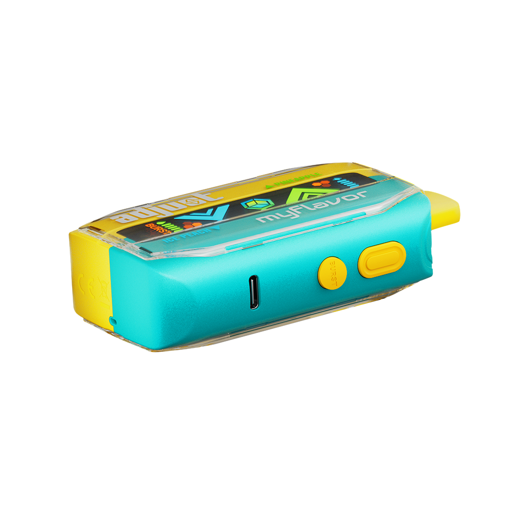 Adjust MyFlavor Pineapple Peach Ice vape device featuring a vibrant yellow and teal design. Enjoy 6 adjustable mint flavors with Burst Mode (up to 20K puffs) and Normal Mode (up to 40K puffs), offering a customizable vaping experience with an interactive screen.