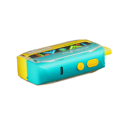 Adjust MyFlavor Pineapple Peach Ice vape device featuring a vibrant yellow and teal design. Enjoy 6 adjustable mint flavors with Burst Mode (up to 20K puffs) and Normal Mode (up to 40K puffs), offering a customizable vaping experience with an interactive screen.