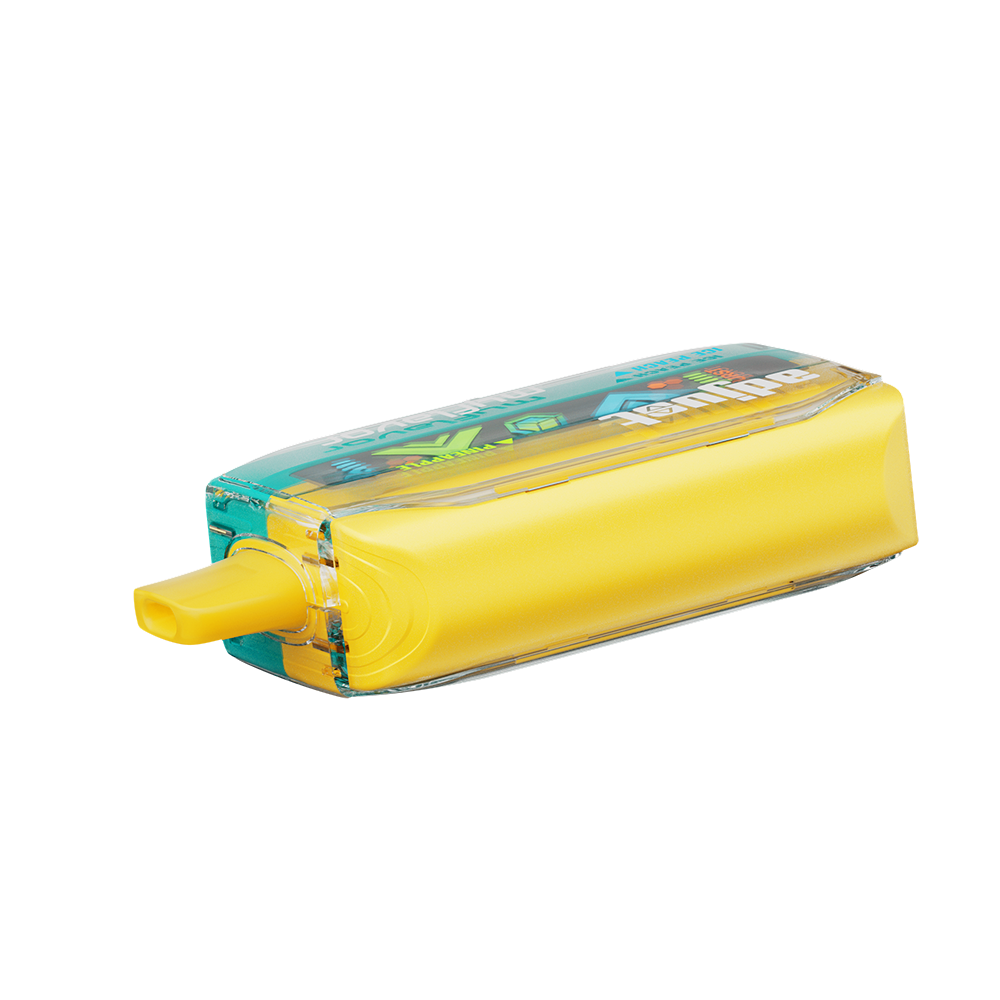 Adjust MyFlavor Pineapple Peach Ice vape device featuring a vibrant yellow and teal design. Enjoy 6 adjustable mint flavors with Burst Mode (up to 20K puffs) and Normal Mode (up to 40K puffs), offering a customizable vaping experience with an interactive screen.