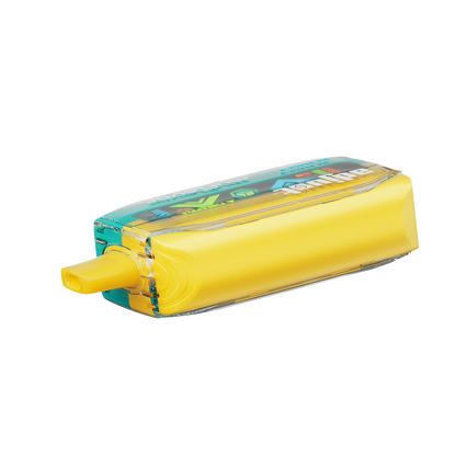 Adjust MyFlavor Pineapple Peach Ice vape device featuring a vibrant yellow and teal design. Enjoy 6 adjustable mint flavors with Burst Mode (up to 20K puffs) and Normal Mode (up to 40K puffs), offering a customizable vaping experience with an interactive screen.