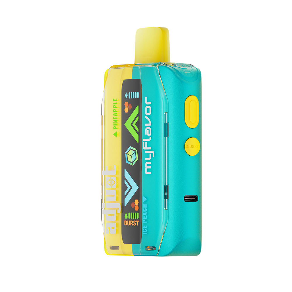 Adjust MyFlavor Pineapple Peach Ice vape device featuring a vibrant yellow and teal design. Enjoy 6 adjustable mint flavors with Burst Mode (up to 20K puffs) and Normal Mode (up to 40K puffs), offering a customizable vaping experience with an interactive screen.