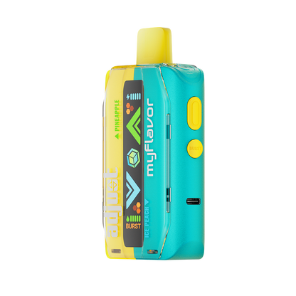 Adjust MyFlavor Pineapple Peach Ice vape device featuring a vibrant yellow and teal design. Enjoy 6 adjustable mint flavors with Burst Mode (up to 20K puffs) and Normal Mode (up to 40K puffs), offering a customizable vaping experience with an interactive screen.