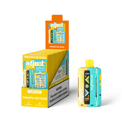 Adjust MyFlavor Pineapple Ice Peach 40K Puffs Disposable Vape Packaging - Retail display of 5 packs featuring Pineapple Ice Peach-flavored vape with 6 adjustable flavor intensity settings, rechargeable design, 5% nicotine strength, vibrant yellow and teal packaging, and a prominently displayed nicotine warning label.