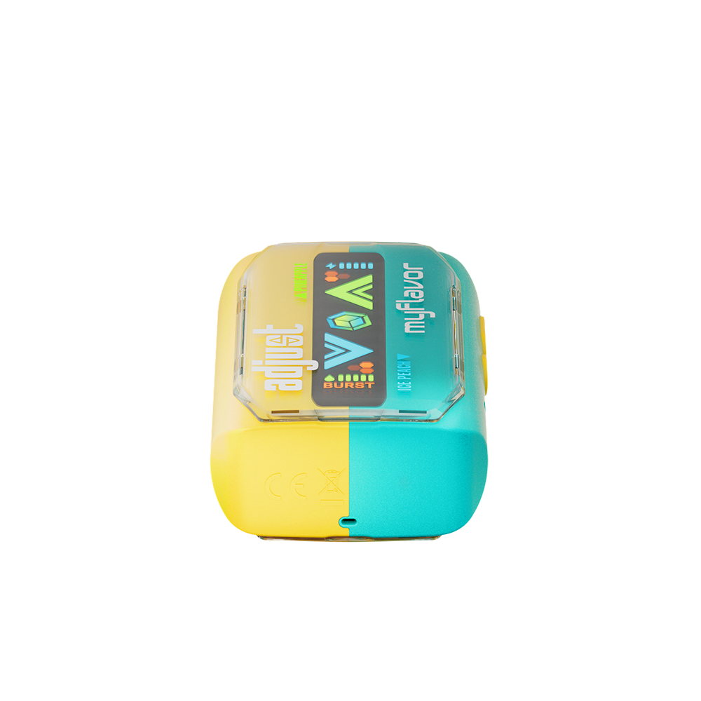 Adjust MyFlavor Pineapple Peach Ice vape device featuring a vibrant yellow and teal design. Enjoy 6 adjustable mint flavors with Burst Mode (up to 20K puffs) and Normal Mode (up to 40K puffs), offering a customizable vaping experience with an interactive screen.