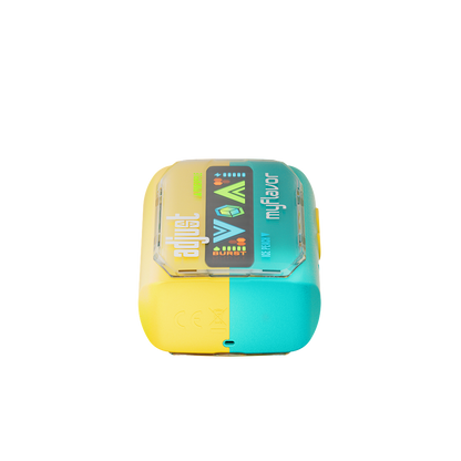 Adjust MyFlavor Pineapple Peach Ice vape device featuring a vibrant yellow and teal design. Enjoy 6 adjustable mint flavors with Burst Mode (up to 20K puffs) and Normal Mode (up to 40K puffs), offering a customizable vaping experience with an interactive screen.