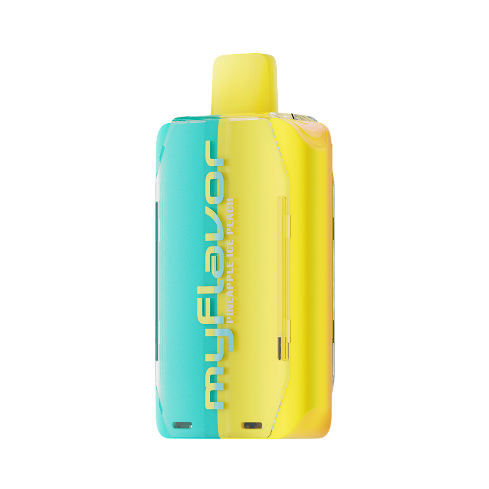 Adjust MyFlavor Pineapple Peach Ice vape device featuring a vibrant yellow and teal design. Enjoy 6 adjustable mint flavors with Burst Mode (up to 20K puffs) and Normal Mode (up to 40K puffs), offering a customizable vaping experience with an interactive screen.