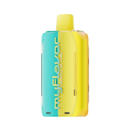 Adjust MyFlavor Pineapple Peach Ice vape device featuring a vibrant yellow and teal design. Enjoy 6 adjustable mint flavors with Burst Mode (up to 20K puffs) and Normal Mode (up to 40K puffs), offering a customizable vaping experience with an interactive screen.