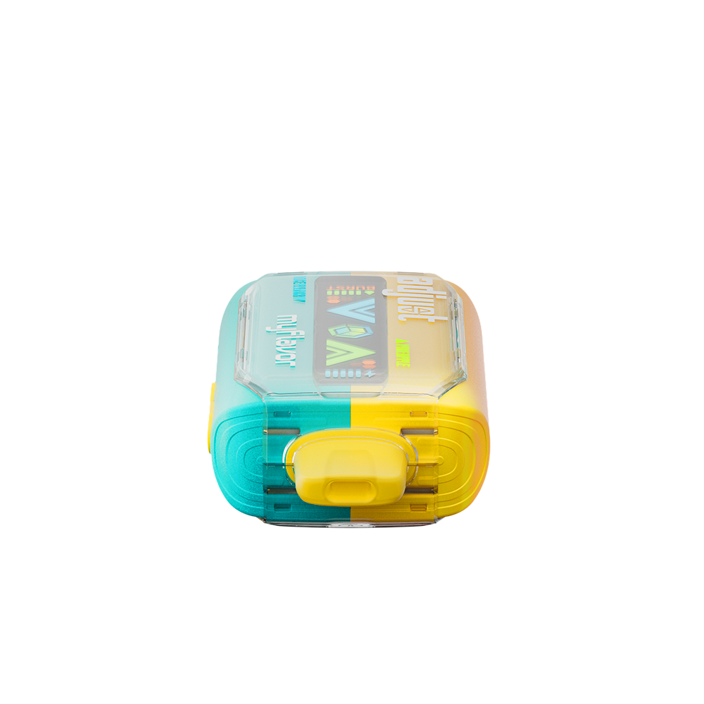 Adjust MyFlavor Pineapple Peach Ice vape device featuring a vibrant yellow and teal design. Enjoy 6 adjustable mint flavors with Burst Mode (up to 20K puffs) and Normal Mode (up to 40K puffs), offering a customizable vaping experience with an interactive screen.