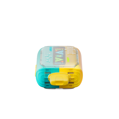 Adjust MyFlavor Pineapple Peach Ice vape device featuring a vibrant yellow and teal design. Enjoy 6 adjustable mint flavors with Burst Mode (up to 20K puffs) and Normal Mode (up to 40K puffs), offering a customizable vaping experience with an interactive screen.